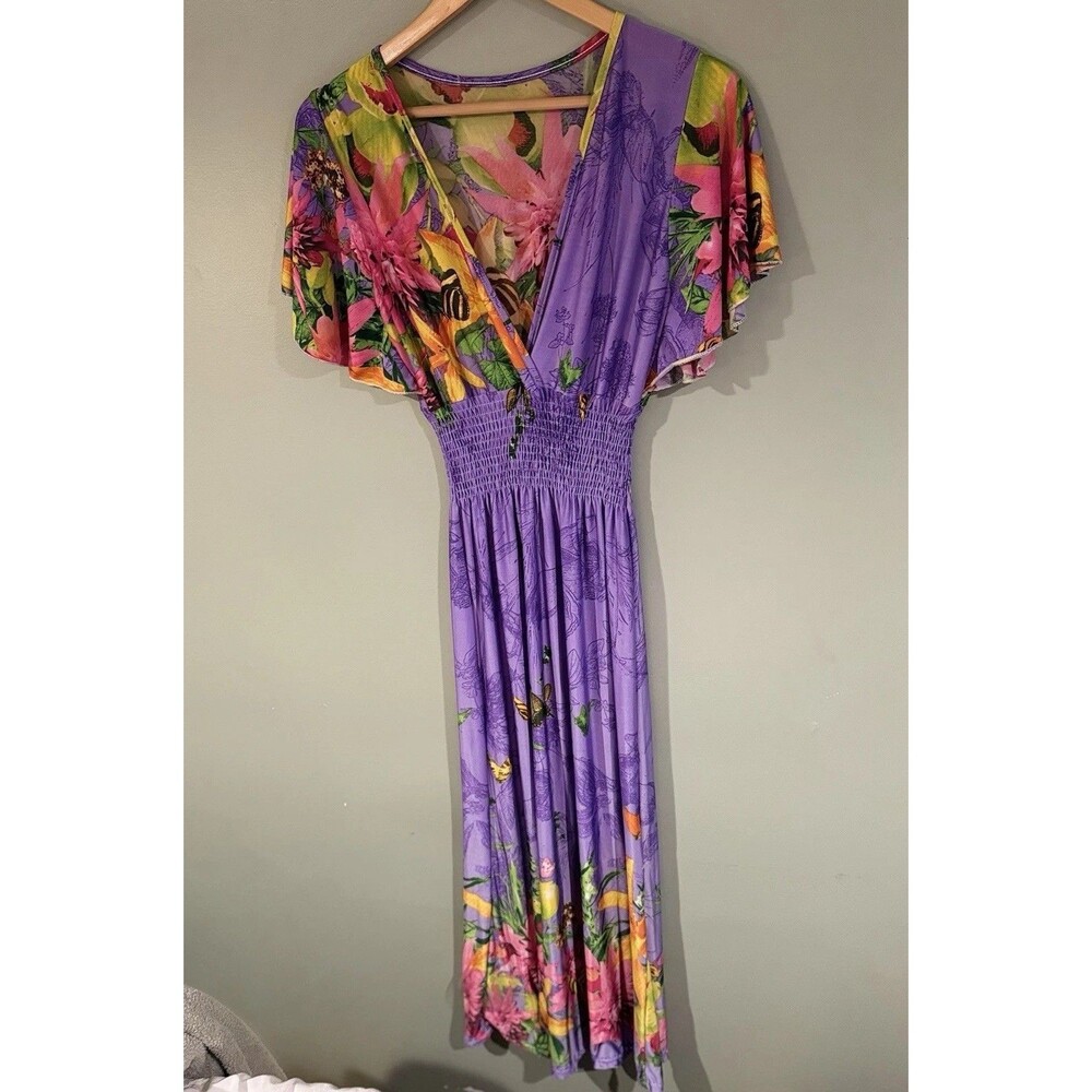 NEW Purple Tropical Floral Kimono Style Ruched Waist Maxi Dress M / L Hawaiian